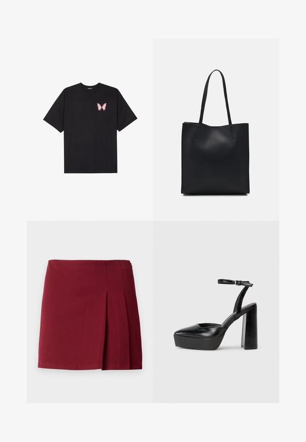 Zwarte katoenen t-shirt met korte mouwen, voorzien van een kleine roze vlinder graphic op de linkerkant van de borst. Crew neck ontwerp met een relaxte fit.; Bordeaux geplooide minirok met een gladde textuur, een aansluitende taille en een zijrits. Eenvoudig, minimalistisch ontwerp zonder patronen.; Zwarte plateauhakken met een puntige neus en verstelbare enkelband. Gemaakt van soepel leer, met een robuuste blokhak.; Zwarte leren handtas met een gladde textuur, rechthoekige vorm en twee lange handvaten. Geen zichtbare hardware of versieringen.