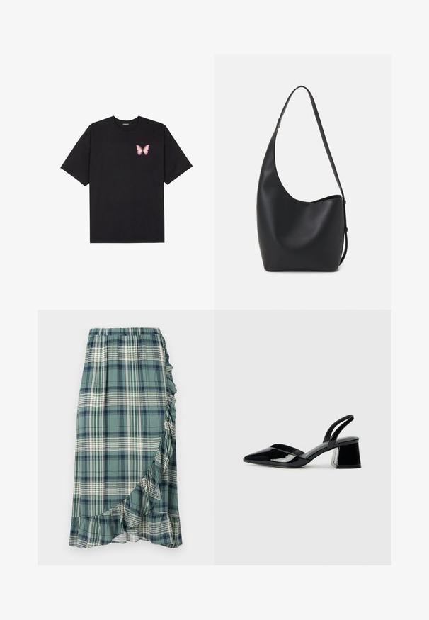 T-shirt de algodão preto com mangas curtas, apresentando um pequeno gráfico de borboleta rosa no lado esquerdo do peito. Design de gola redonda com um corte solto.; Saia xadrez em verde e azul-marinho, com uma bainha em babados e cintura elástica. O tecido tem uma textura suave com padrões xadrez variados.; Sandy em verniz preto com salto slingback, ponta afilada e salto geométrico. Apresenta um design elegante e minimalista com textura suave.; Saco hobo preto em pele com uma textura lisa, forma curva e uma única alça ajustável; apresenta uma abertura larga na parte de cima.