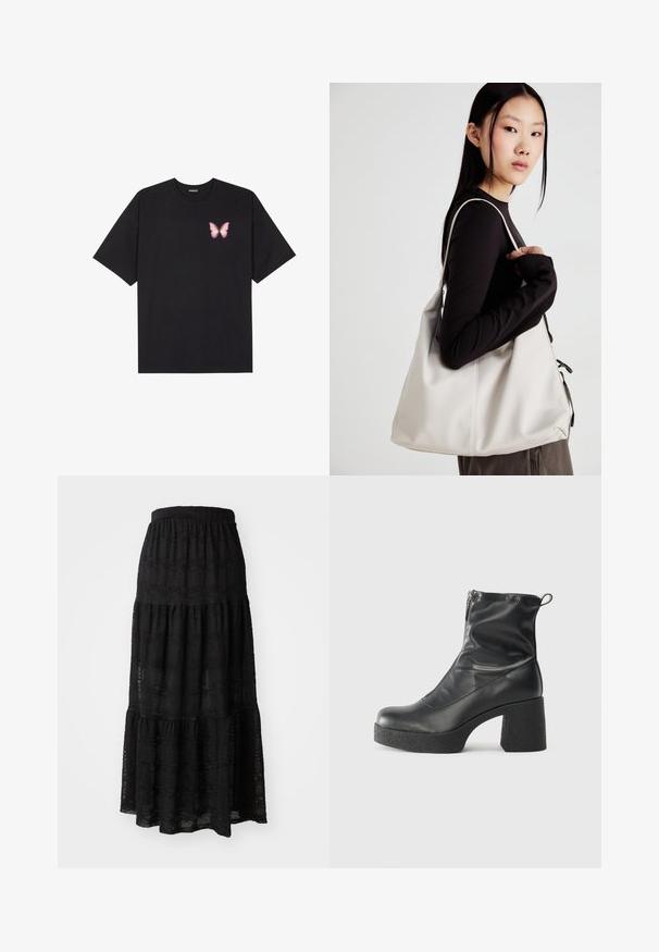 T-shirt nera in cotone con maniche corte, caratterizzata da una piccola grafica di una farfalla rosa sul lato sinistro del petto. Design a girocollo con una vestibilità rilassata.; Gonna maxi nera realizzata in tessuto testurizzato, con un design a strati, vita arricciata e sottili motivi a onda in tutto il tessuto.; Stivali neri alla caviglia in pelle liscia, con zip laterale, tacco spesso e texture, e punta arrotondata.; Borsa a mano beige realizzata in materiale morbido, caratterizzata da un design morbido, dettagli cuciti e due manici. Adatta per l'uso quotidiano.