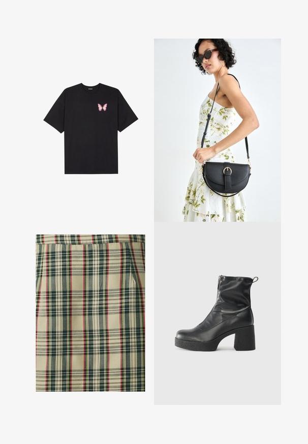 Crna pamučna majica s kratkim rukavima, s malim grafičkim prikazom ružičaste vjetricaste s desne strane na prsima. Dizajn s okruglim izrezom i opuštenim krojem.; Karirani materijal s bež osnovom i tamnozelenim, crvenim i žutim linijama. Tekstura tkanine s izraženim dizajnom, prikazujući jasno definirane uzorke.; Crne gležnjače od glatke kože, s bočnim zatvaračem, debelim teksturiranim potplatom i dizajnom s zaobljenim prstima.; Crna kožna torba s lukovitim oblikom, odvojivim remenom i zlatnim detaljima. Torba ima preklop s kopčom.