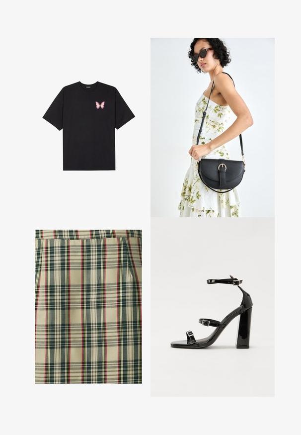 Melna kokvilnas T-krekls ar īsām piedurknēm, kuram priekšā kreisajā pusē ir neliels rozā tauriņa grafiskais attēls. Ar apaļu kaklu un brīvā stila piegriezumu.; Rūtainā auduma ar bēša pamatu un tumši zaļām, sarkanām un dzeltenām līnijām. Tekstūrēta aušana ar strukturētu dizainu, kas parāda skaidri izteiktus rakstus.; Melni lakoti augstpapēžu sandales ar divām sprādzēm, kvadrātveida purngalu un masīvu papēdi, ar gludu, spīdīgu virsmu.; Melnas ādas rokassoma ar izliekta formu, noņemamu siksnu un zelta aksesuāriem. Somai ir vāciņš ar sprādzes detaļu.