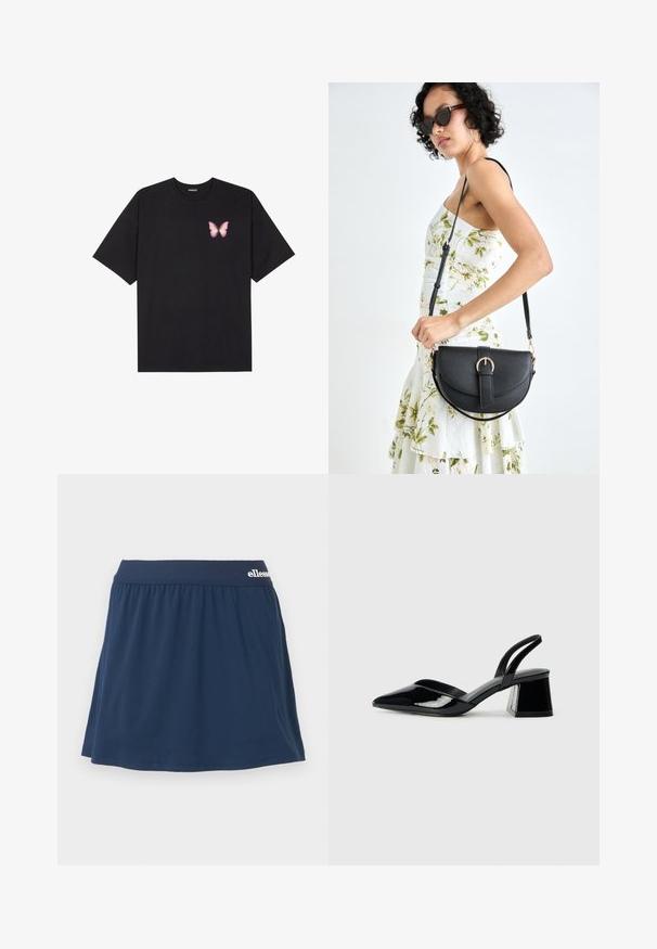 T-shirt de algodão preto com mangas curtas, apresentando um pequeno gráfico de borboleta rosa no lado esquerdo do peito. Design de gola redonda com um corte solto.; Saia-shorts de tecido macio azul marinho com cintura elástica. Apresenta um design franzido e um pequeno logótipo na cintura.; Sandy em verniz preto com salto slingback, ponta afilada e salto geométrico. Apresenta um design elegante e minimalista com textura suave.; Bolsa de couro preta com forma curva, alça destacável e detalhes em dourado. A bolsa possui uma aba com detalhe de fivela.