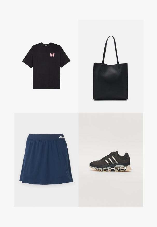 Svart bomulls T-skjorte med korte ermer, med en liten rosa sommerfugl grafikk på venstre bryst. Crew-neck design med en avslappet passform.; Marineblå, myk skort laget av stoff med elastisk linning. Har et samlet design og en liten logo på linningen.; Svarte sportsko med en strukturert overflate, tre sølvstriper, og en distinkt støtdempende såle med flere integrerte seksjoner.; Svart lær tote bag med glatt tekstur, rektangulær form og to lange håndtak. Ingen synlige deler eller dekorasjoner.