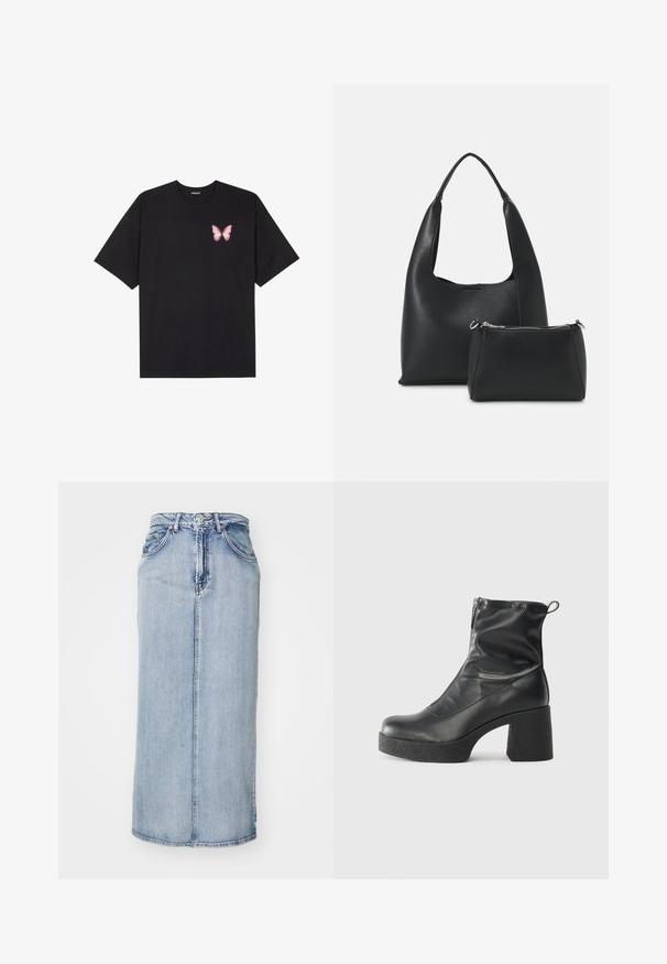 T-shirt de algodão preto com mangas curtas, apresentando um pequeno gráfico de borboleta rosa no lado esquerdo do peito. Design de gola redonda com um corte solto.; Saia midi de denim azul claro com cintura ajustada, costura frontal e bolsos laterais; apresenta uma textura ligeiramente desbotada.; Botas de tornozelo pretas feitas de couro liso, com fecho lateral, salto grosso texturizado e design de bico arredondado.; Even&Odd Mala de mão - black