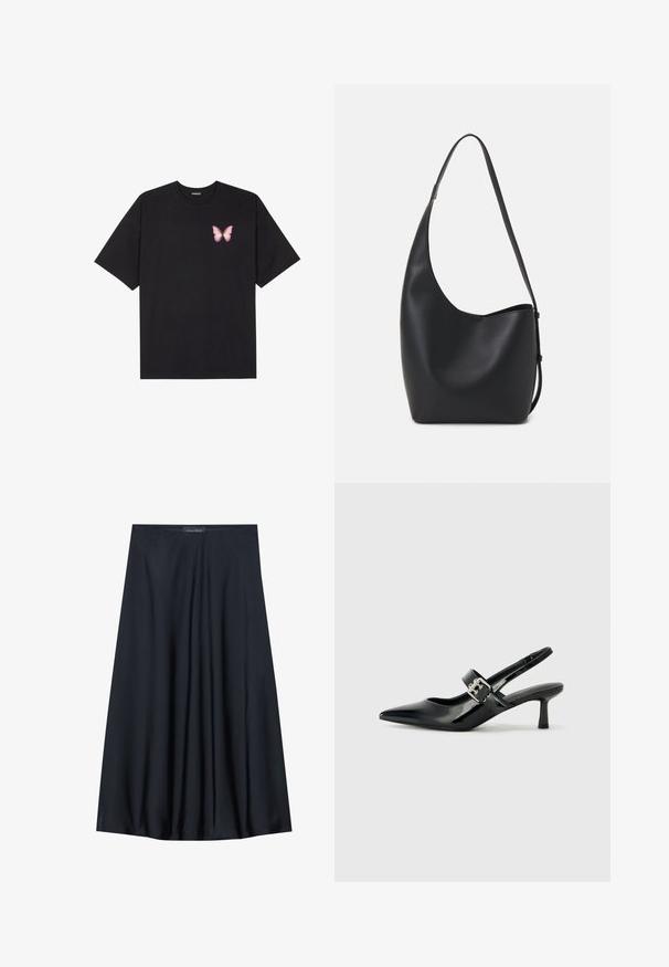Black cotton t-shirt with short sleeves, featuring a small pink butterfly graphic on the left chest. Crew neck design with a relaxed fit.; Black, knee-length skirt made of lightweight fabric with a flowy design. Features a smooth texture and subtle pleats for added detail.; Black patent leather slingback heels with a pointed toe and a small block heel, featuring a silver buckle accent on the strap.; Black leather hobo bag with a smooth texture, curved shape, and single adjustable strap; features a wide opening at the top.