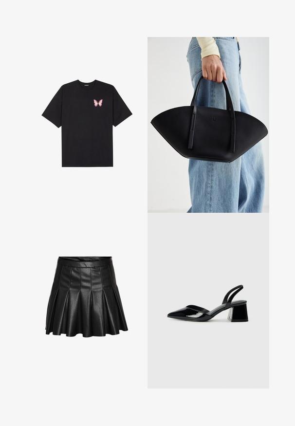 Tricou negru din bumbac cu mâneci scurte, având pe partea stângă a pieptului un mic grafic cu un fluture roz. Design cu guler rotund și croială lejeră.; Fustă plisată neagră din piele ecologică, cu talie conică și tiv amplu. Textură netedă, cu un finisaj lucios și elegant.; Pantofi cu toc slingback din piele lacuită neagră, cu vârf ascuțit și toc geometric. Prezintă un design elegant, minimalist și o textură netedă.; Geantă de piele neagră cu o formă unică de evantai, având mânere plate. Suprafața are o textură cu mici granule și un design minimalist.