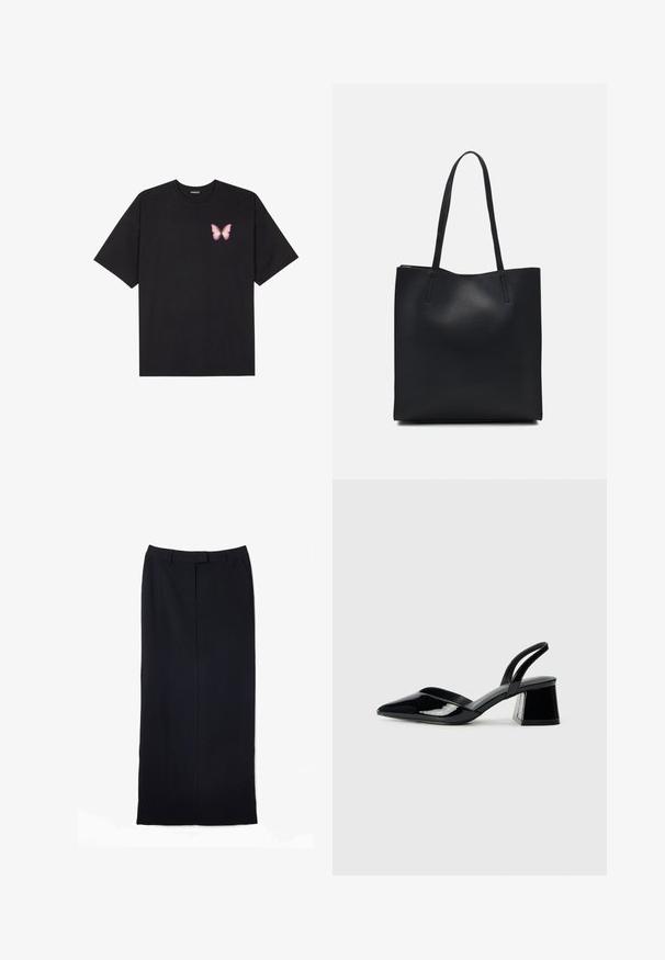 Juodas medvilnės marškinėliai trumpomis rankovėmis, su maža rožine drugelio grafika kairėje krūtinės pusėje. Apvalus kaklo iškirpimas, laisvas kirpimas.; Juoda tiesi, ilga sijonas, pagamintas iš lygios medžiagos, turintis juosmens juostą, dvi šonines kišenes ir švarų apdailą be matomų raštų.; Juodos lakuotos odinės šlepetės su smailiu pirštu ir geometriniu bloko kulnu. Turi elegantišką, minimalistinį dizainą ir lygų paviršių.; Juodas odinis tote krepšys su lygia tekstūra, stačiakampio formos ir dviem ilgais rankenomis. Matomų metalinių detalių ar puošybos nėra.