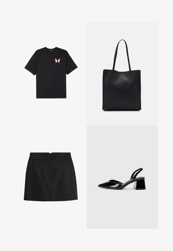 Sort bomulds T-shirt med korte ærmer, prydet med en lille pink sommerfugl grafik på venstre bryst. Rund hals design med en afslappet pasform.; Sort mini nederdel lavet af glat stof, med lige snit, to baglommer og en skjult lynlåslukning bagpå.; Sorte patentlæder slingback hæle med spids tå og en geometrisk blok hæl. Har et elegant, minimalistisk design og en glat tekstur.; Sort læder tote taske med glat tekstur, rektangulær form og to lange hanke. Ingen synlig hardware eller udsmykninger.