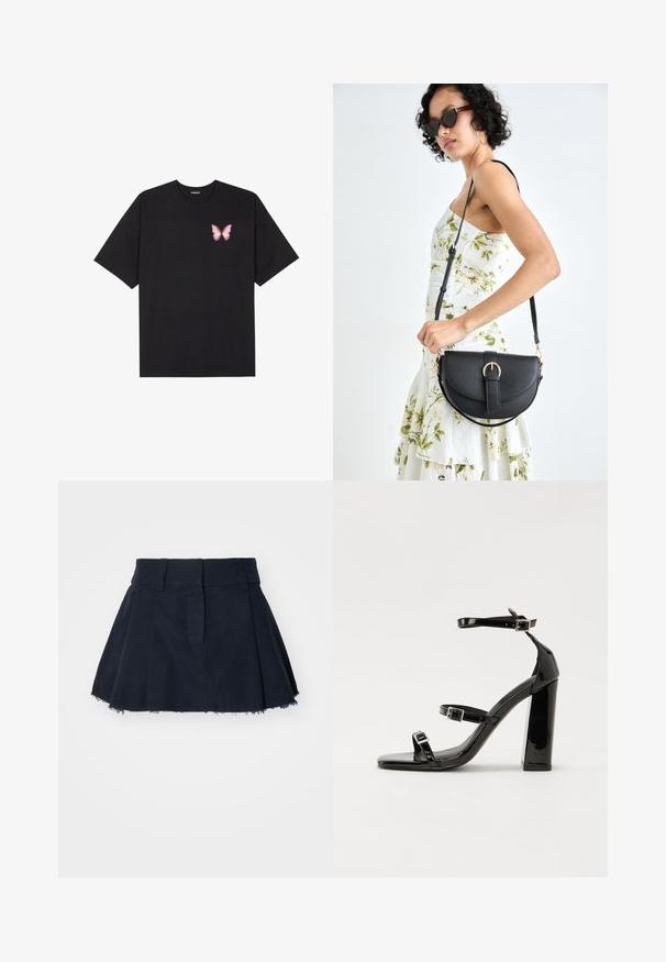 Melna kokvilnas T-krekls ar īsām piedurknēm, kuram priekšā kreisajā pusē ir neliels rozā tauriņa grafiskais attēls. Ar apaļu kaklu un brīvā stila piegriezumu.; Tumši zils kokvilnas svārks ar izsistītu formu, ar krokām, saplēstu apakšu un jostu ar jostu cilpām.; Melni lakoti augstpapēžu sandales ar divām sprādzēm, kvadrātveida purngalu un masīvu papēdi, ar gludu, spīdīgu virsmu.; Melnas ādas rokassoma ar izliekta formu, noņemamu siksnu un zelta aksesuāriem. Somai ir vāciņš ar sprādzes detaļu.