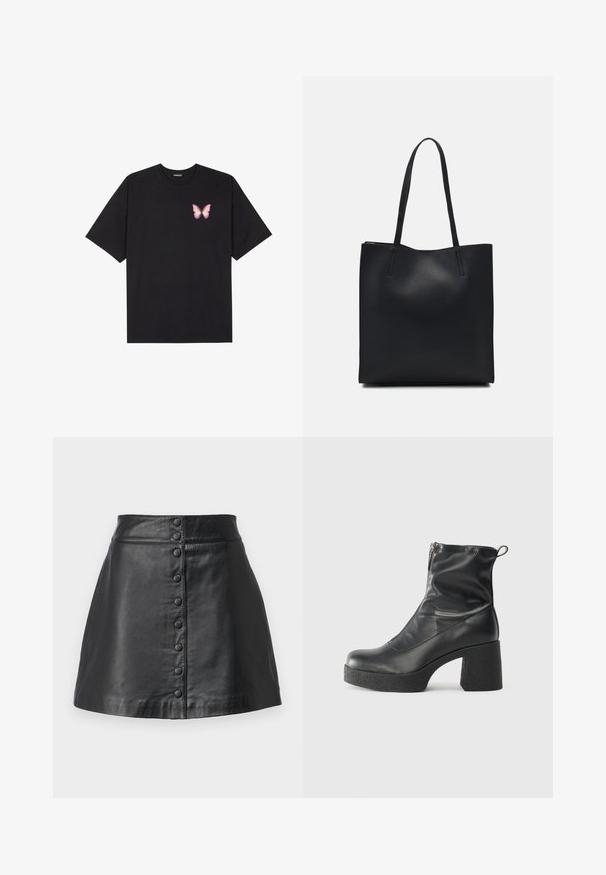 Juodas medvilnės marškinėliai trumpomis rankovėmis, su maža rožine drugelio grafika kairėje krūtinės pusėje. Apvalus kaklo iškirpimas, laisvas kirpimas.; Juodas odos mini sijonas, turintis tiesų kirpimą, lygų paviršių ir priekinį užsegimą su aštuoniais tolygiai išdėstytais mygtukais.; Juodos kulkšninių botai, pagaminti iš lygaus odos, su šoniniu užtrauktuku, masyviu tekstūruotu kulnu ir apvaliu pirštu.; Juodas odinis tote krepšys su lygia tekstūra, stačiakampio formos ir dviem ilgais rankenomis. Matomų metalinių detalių ar puošybos nėra.