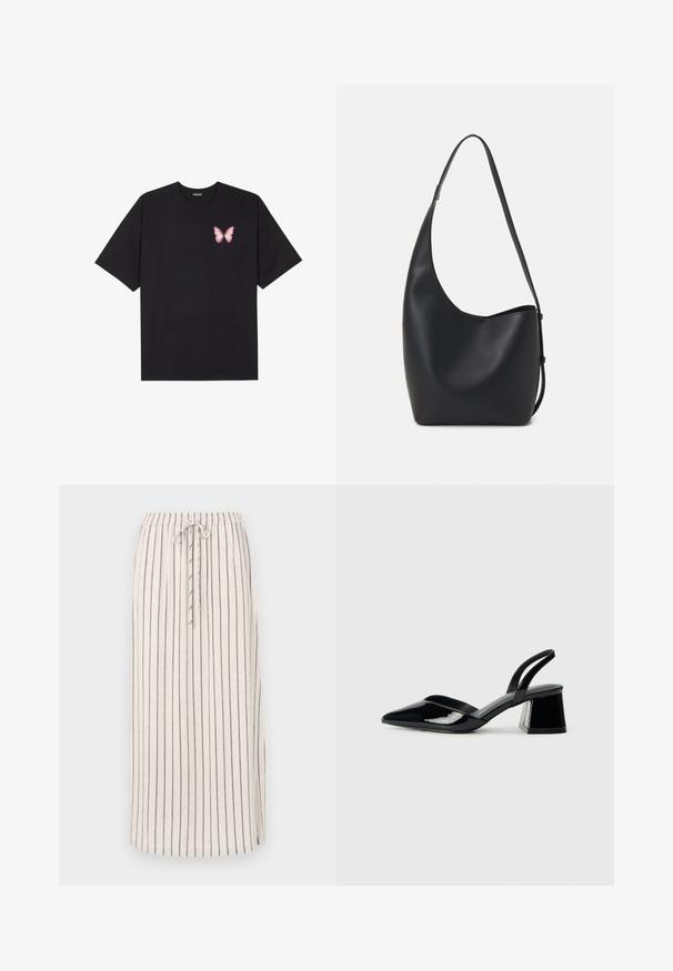 Black cotton t-shirt with short sleeves, featuring a small pink butterfly graphic on the left chest. Crew neck design with a relaxed fit.; Light beige linen skirt with vertical dark stripes, elastic waistband, and drawstring. Features a side slit at the hem for ease of movement.; Black patent leather slingback heels with a pointed toe and a geometric block heel. Features a sleek, minimal design and smooth texture.; Black leather hobo bag with a smooth texture, curved shape, and single adjustable strap; features a wide opening at the top.