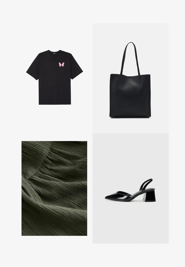 T-shirt en coton noir à manches courtes, avec un petit graphique de papillon rose sur la poitrine gauche. Modèle à col rond avec une coupe décontractée.; Gros plan sur un tissu plissé vert, présentant une surface douce et texturée avec de fines lignes ondulées et un aspect léger et fluide.; Escarpins en cuir verni noir avec bout pointu et talon bloc géométrique. Présente un design élégant et minimaliste ainsi qu'une texture lisse.; Sac fourre-tout en cuir noir avec une texture lisse, de forme rectangulaire et deux longues poignées. Pas de matériel ou d'ornementations visibles.