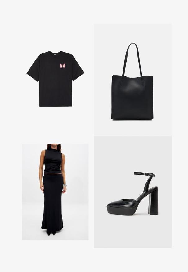 Black cotton t-shirt with short sleeves, featuring a small pink butterfly graphic on the left chest. Crew neck design with a relaxed fit.; Sleeveless black top with a mock neck, paired with a fitted black maxi skirt. Both garments are made of smooth fabric and feature no patterns.; Black platform heels with a pointed toe and adjustable ankle strap. Constructed from smooth leather, featuring a chunky block heel.; Black leather tote bag with smooth texture, rectangular shape, and two long handles. No visible hardware or embellishments.