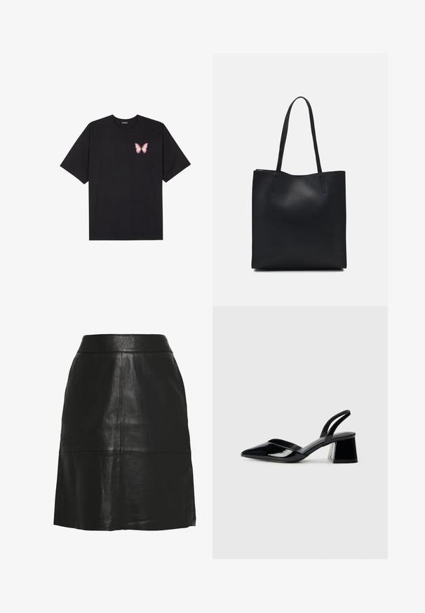 Fekete pamut póló rövid ujjakkal, bal mellkason egy kis rózsaszín pillangó grafikával. Kerek nyakú kialakítás, laza fazonnal.; Fekete bőr szoknya sima textúrával, illemtartó derékvonallal és bővülő aljjal. A dizájn függőleges varratokkal és letisztult, minimalista vonalakkal rendelkezik.; Fekete lakk bőr szandálkés magas sarkú cipő, hegyes orral és geometrikus tömbsarkakkal. Karcsú, minimalista dizájn és sima textúra jellemzi.; Fekete bőrtáska sima felszínnel, téglalap alakú, két hosszú füllel. Nincs látható fémkiegészítő vagy díszítés.