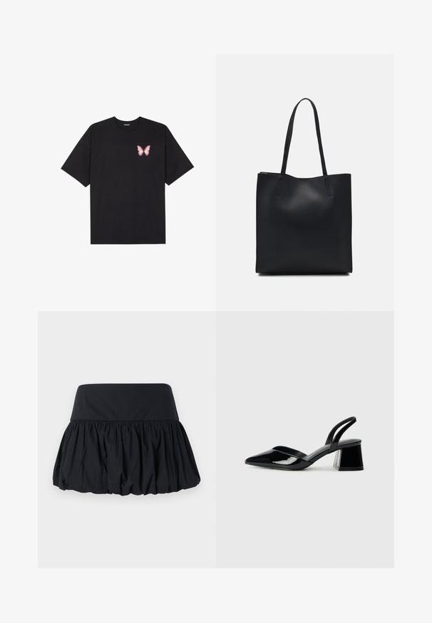 Svart bomulls T-skjorte med korte ermer, med en liten rosa sommerfugl grafikk på venstre bryst. Crew-neck design med en avslappet passform.; Svart samlet skjørt med bred, flat liv. Har en luftig form og jevn tekstur. Ingen synlige mønstre eller hardware-detaljer.; Svarte patentlær slingback hæler med spiss tå og geometrisk blokk hæl. Har et stilrent, minimalistisk design og jevn tekstur.; Svart lær tote bag med glatt tekstur, rektangulær form og to lange håndtak. Ingen synlige deler eller dekorasjoner.