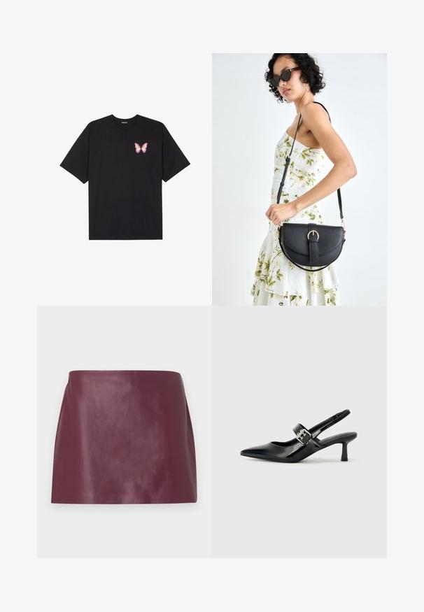 T-shirt en coton noir à manches courtes, avec un petit graphique de papillon rose sur la poitrine gauche. Modèle à col rond avec une coupe décontractée.; Mini jupe en cuir bordeaux lisse avec une coupe droite et sans embellissements ni fermetures visibles.; Escarpins slingback en cuir verni noir avec un bout pointu et un petit talon bloc, mettant en avant un accent en boucle argentée sur la sangle.; Sac à main en cuir noir avec une forme courbée, bandoulière amovible et des accessoires en or. Le sac est doté d'un rabat avec un détail de boucle.
