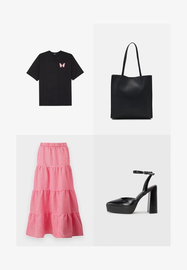 Juodas medvilnės marškinėliai trumpomis rankovėmis, su maža rožine drugelio grafika kairėje krūtinės pusėje. Apvalus kaklo iškirpimas, laisvas kirpimas.; Raudona ir balta laukinė dvigubė sijonas su elastinga juosta ir raukšlėta apatine dalimi, sudarytas iš trijų surinktų sluoksnių. Pagamintas iš medvilnės.; Juodi platforminiai aukšti kulniukai su smailiu kojų pirštu ir reguliuojamu kulkšnies dirželiu. Pagaminti iš lygaus odos, turi masyvų blokinį kulną.; Juodas odinis tote krepšys su lygia tekstūra, stačiakampio formos ir dviem ilgais rankenomis. Matomų metalinių detalių ar puošybos nėra.