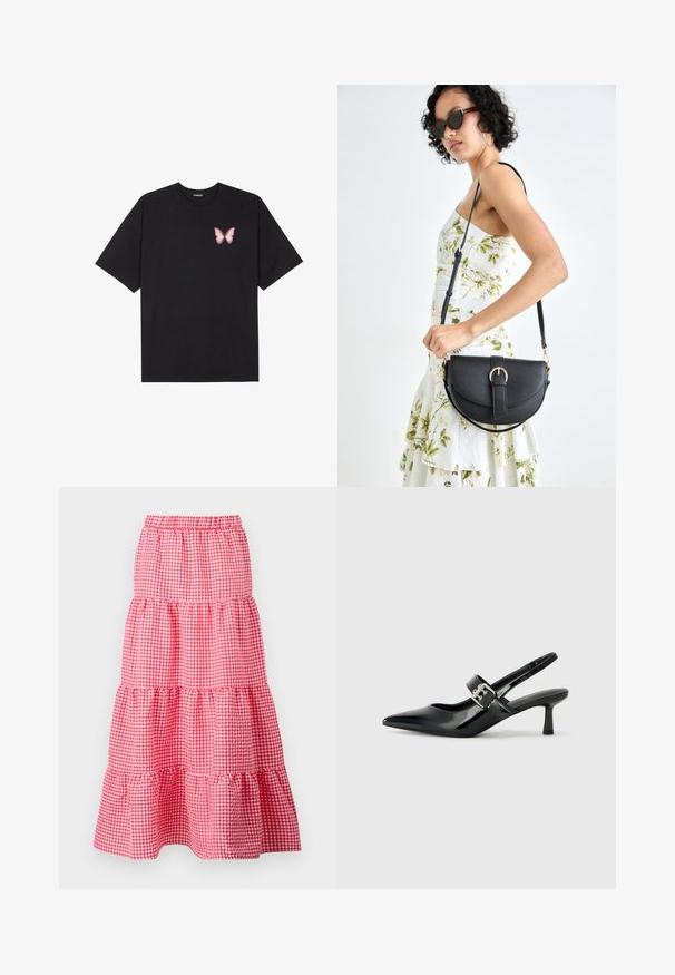 Schwarzes Baumwoll-T-Shirt mit kurzen Ärmeln, das ein kleines pinkes Schmetterlingsmotiv auf der linken Brust zeigt. Crewneck-Design mit einem entspannten Schnitt.; Rot-weiß karierten, gestuften Rock mit elastischem Taillenbund und Rüsche am Saum, bestehend aus drei gerafften Lagen. Aus Baumwolle.; Schwarze Lackleder Slingback-Absätze mit spitzem Zeh und kleinem Blockabsatz, ausgestattet mit einem silbernen Schnallenakzent am Riemen.; Schwarze Lederhandtasche mit geschwungener Form, abnehmbarem Tragegurt und goldenen Beschlägen. Die Tasche verfügt über einen Deckel mit einer Schnallen-Details.