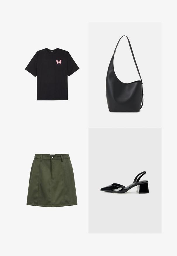 Svart bomullströja med korta ärmar, med en liten rosa fjärilsgrafik på vänster bröst. Rundad halsdesign med en avslappnad passform.; Mörkgrön mockakjol i mini-format med bältesloopar, framknapp och sömdetaljer.; Svarta lackläder slingback klackar med spetsig tå och geometrisk klack. Har en elegant, minimalistisk design och slät yta.; Svart läder hobo-väska med en slät textur, kurvig form och en justerbar axelrem; har en bred öppning upptill.