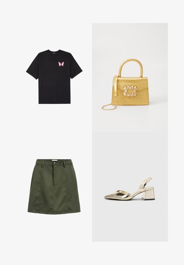 T-shirt en coton noir à manches courtes, avec un petit graphique de papillon rose sur la poitrine gauche. Modèle à col rond avec une coupe décontractée.; Mini-jupe en daim vert foncé avec des passants de ceinture, un bouton avant et des détails de couture.; Talons aiguilles dorés métalliques avec un bout pointu et un talon épais. Texture lisse, design minimaliste et une fine bride.; Sac à main en faux crocodile jaune avec un design structuré, une poignée supérieure, une bandoulière en chaîne amovible, et un ornement cristallin décoratif sur le fermoir.; Boucles d'oreilles dorées présentant des formes texturées et ondulées. Comprend des clips sculpturaux et un design de créoles ouvertes avec une finition martelée.