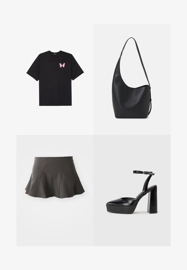 Fekete pamut póló rövid ujjakkal, bal mellkason egy kis rózsaszín pillangó grafikával. Kerek nyakú kialakítás, laza fazonnal.; Fekete, bővülő szoknya, amelynek szoros derékrésze van, függőleges varrásokkal és sima textúrával. Az alja enyhén ívelt és a comb közepénél kicsit feljebb ér véget.; Fekete platform magassarkú cipők hegyes orral és állítható bokapánttal. Sima bőrből készült, vastag talppal.; Fekete bőr hobo táska sima textúrával, ívelt formával és egyetlen állítható pánttal; széles nyílás található a tetején.