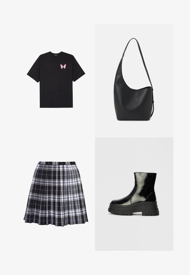 T-shirt en coton noir à manches courtes, avec un petit graphique de papillon rose sur la poitrine gauche. Modèle à col rond avec une coupe décontractée.; Jupe plissée à carreaux noir et gris avec une ceinture, la texture du tissu est lisse, avec des lignes horizontales et verticales de largeurs variées.; Bottines noires brillantes avec semelle lugg épaisse et bout rond, vue de côté sur un fond gris clair uni.; Sac hobo en cuir noir avec une texture lisse, une forme incurvée et une seule sangle réglable ; dispose d'une large ouverture en haut.