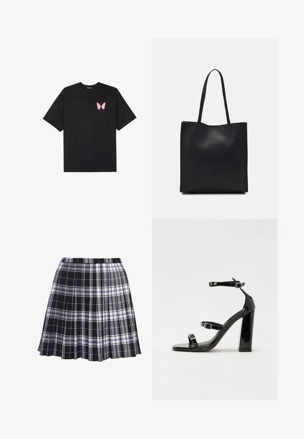 Zwarte katoenen t-shirt met korte mouwen, voorzien van een kleine roze vlinder graphic op de linkerkant van de borst. Crew neck ontwerp met een relaxte fit.; Zwart en grijs geruit geplooide rok met een tailleband, de stof is glad en heeft horizontale en verticale lijnen in verschillende breedtes.; Zwarte gepatenteerde sandalen met hak en een vierkante neus, enkelbandjes en zilveren gespen. Heeft een stevige blokhak voor stabiliteit.; Zwarte leren handtas met een gladde textuur, rechthoekige vorm en twee lange handvaten. Geen zichtbare hardware of versieringen.