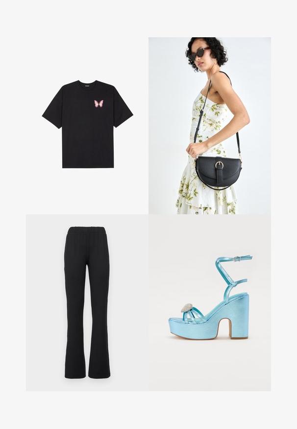 Black cotton t-shirt with short sleeves, featuring a small pink butterfly graphic on the left chest. Crew neck design with a relaxed fit.; Black, flared pants with an elastic waistband, featuring a smooth texture and no visible patterns or hardware details.; Blue metallic platform sandals with a thick heel, featuring crisscross straps and a jeweled accent on the toe area.; Black leather handbag with a curved shape, detachable strap, and gold hardware. The bag features a flap with a buckle detail.