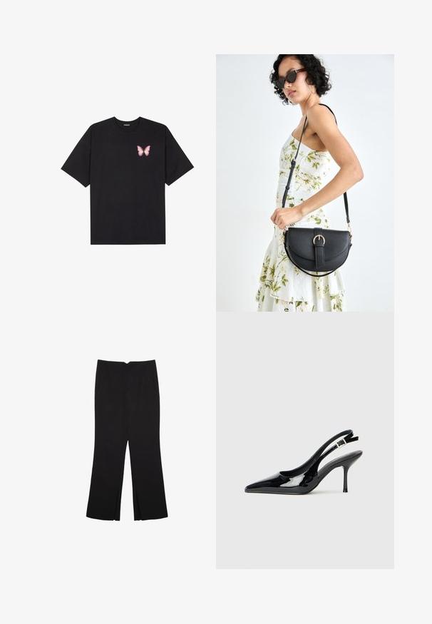 Svart bomullströja med korta ärmar, med en liten rosa fjärilsgrafik på vänster bröst. Rundad halsdesign med en avslappnad passform.; Svarta byxor med rak passform, utrustade med framfickor och sidoklyvningar vid fållen. Tillverkade av mjukt, slätt tyg. Lämpliga för olika tillfällen.; Svart lackläder slingback pump med spetsig tå och slank klack. Har en justerbar spänne bak. Slät textur.; Svart läderhandväska med en böjd form, avtagbar rem och guldiga detaljer. Väskan har ett lock med en spänndetalj.