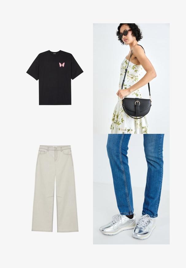 Fekete pamut póló rövid ujjakkal, bal mellkason egy kis rózsaszín pillangó grafikával. Kerek nyakú kialakítás, laza fazonnal.; Világosszürke, bő szárú nadrág, öt zsebbel, elülső gombos záródással és kontrasztos varrással a varrások mentén. Az anyag puhanak és tartósnak tűnik.; Ezüst fémes sportcipők sima tekstúrával, kerek orral és fehér gumitalppal, amelyekhez szabott kék farmernadrág illik, enyhe varrással.; Fekete bőrtáska ívelt formával, levehető pánttal és arany színű fémrészekkel. A táskán egy csattal díszített fedél található.