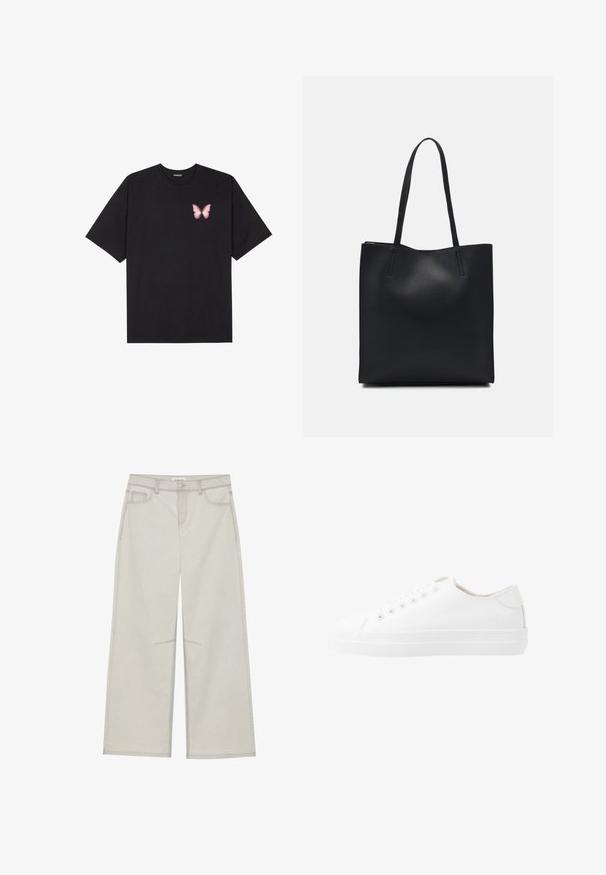 Must muströöpidega must puuvillane T-särk, vasakul rinnal on väike roosa liblikas. Ümar kaelus ja vabalt istuv lõige.; Heledad hall-gajused püksid, viie taskuga, ette nööpidega kinnitamine ja kontrastne õmblus. Kangas paistab pehme ja vastupidav.; Valged sünteetilised tennisetossud madala disainiga, ümmarguse varbaga, kuue aukuga ja tekstuurse kummist tallaga. Sile materjal minimaalsete aktsentidega.; Mustast nahast kott sujuva tekstuuriga, ristkülikukujuline ja kahe pika sangaga. Pole nähtavat riistvara ega kaunistusi.