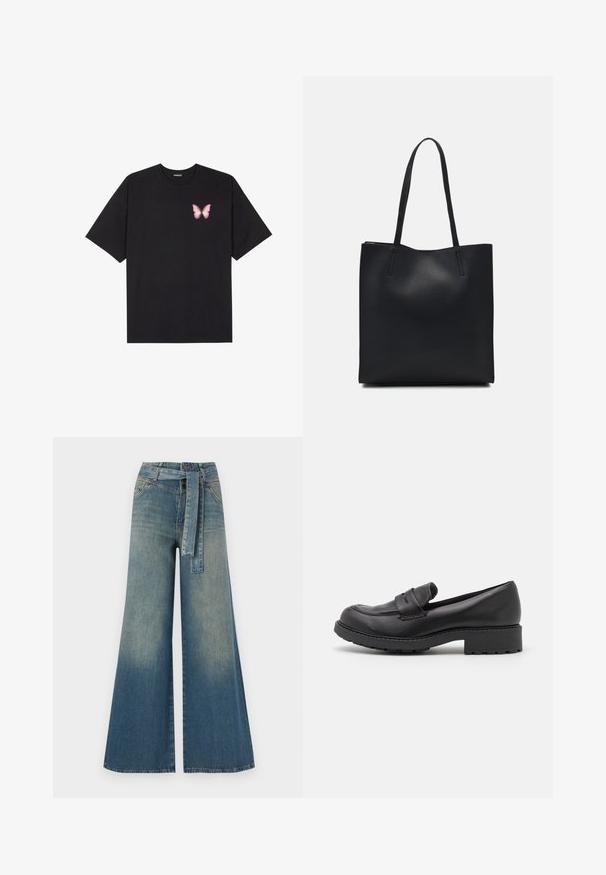 Svart bomulls T-skjorte med korte ermer, med en liten rosa sommerfugl grafikk på venstre bryst. Crew-neck design med en avslappet passform.; Bredde ben jeans med en lyseblå til mørkeblå gradient, høyt liv, beltehemper og et matchende belte i samme stoff. Teksturert denimoverflate.; Sorte lær loafers med avrundet tå, to dekorative remmer over toppen, og en tykk gummisåle med mønster.; Svart lær tote bag med glatt tekstur, rektangulær form og to lange håndtak. Ingen synlige deler eller dekorasjoner.