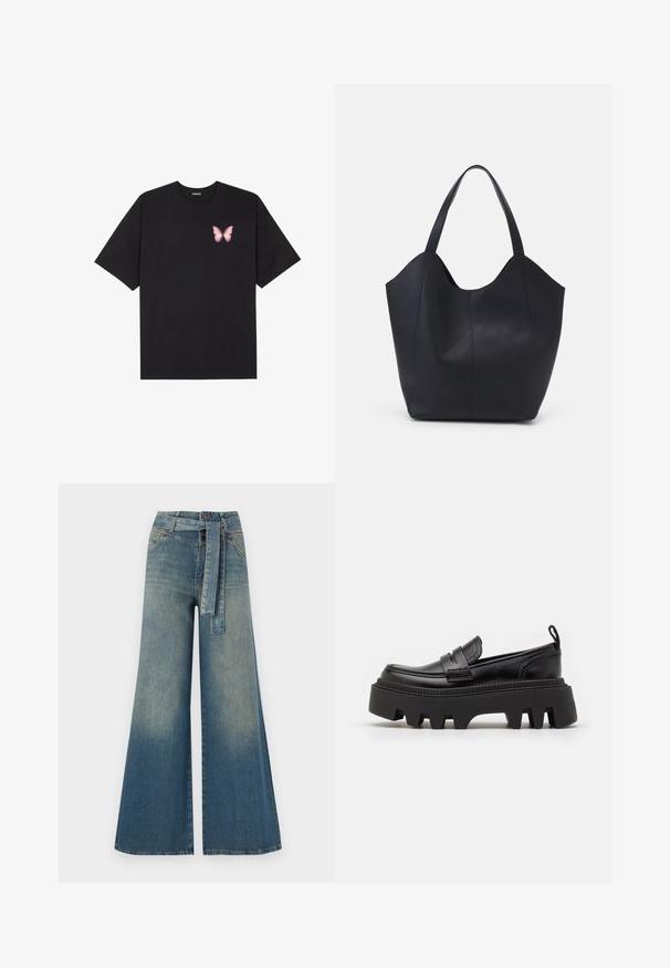 Black cotton t-shirt with short sleeves, featuring a small pink butterfly graphic on the left chest. Crew neck design with a relaxed fit.; Wide-leg denim trousers featuring a light to dark blue gradient, high waist, belt loops, and a matching fabric belt. Textured denim finish.; Black leather loafers with a chunky black rubber sole, featuring non-slip grooves and a decorative strap across the front.; Black tote bag made of smooth leather, featuring a curved, open top with two shoulder straps and a minimalist design.