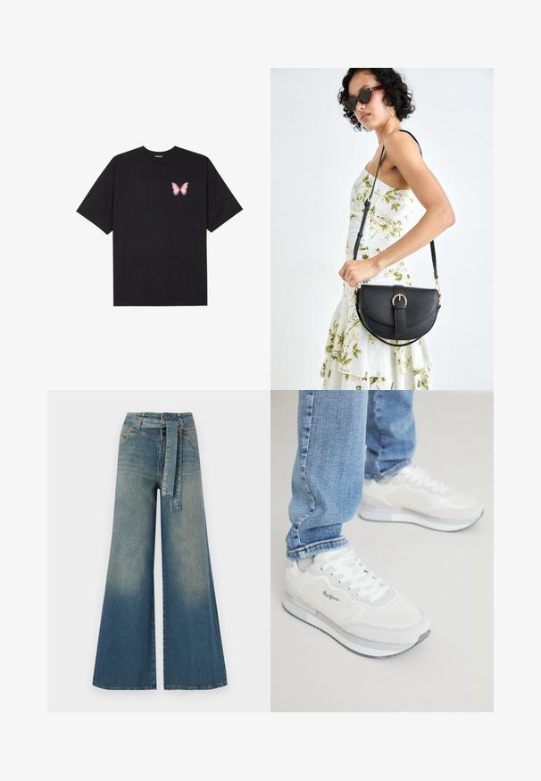 Black cotton t-shirt with short sleeves, featuring a small pink butterfly graphic on the left chest. Crew neck design with a relaxed fit.; Wide-leg denim trousers featuring a light to dark blue gradient, high waist, belt loops, and a matching fabric belt. Textured denim finish.; White athletic sneakers with a textured, smooth finish, featuring laces and a gray rubber outsole. Complemented by light, tapered blue jeans.; Black leather handbag with a curved shape, detachable strap, and gold hardware. The bag features a flap with a buckle detail.