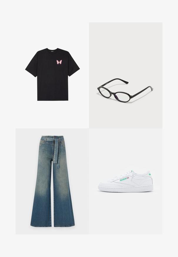 Must muströöpidega must puuvillane T-särk, vasakul rinnal on väike roosa liblikas. Ümar kaelus ja vabalt istuv lõige.; Laiad denimpüksid, millel on hele tume sinine gradiendiefekt, kõrge vöökoht, vöökumlid ja sobivast kangast vöö. Struktureeritud denimi viimistlus.; Valge nahast tennised, millel on pehmendatud sääreosa, ümmargune varvas, perforatsiooni suured paneelid, lame paelad ja rohelised aktsendid brändimisel ja kandmisel. Kummist välistald.; Must kärgpruunid raamiga prillid, millel on läbipaistvad lilla aktsendid läätsedel. Raamid on mattviimistlusega ja õhukesed, sirged tempels.