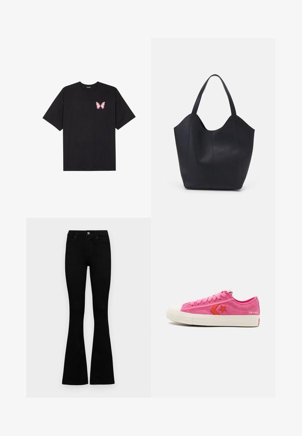Svart bomulls T-skjorte med korte ermer, med en liten rosa sommerfugl grafikk på venstre bryst. Crew-neck design med en avslappet passform.; Svarte flagrende jeans laget av denim. Har knappelukking, fem lommer og en glatt tekstur. Den flagrende buksebenet begynner under kneet.; Converse STAR PLAYER 76 - Joggesko - pink; Svart tote-veske laget av glatt lær, med en buet, åpen topp og to skulderstropper, samt et minimalistisk design.