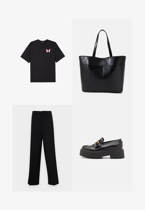 Black cotton t-shirt with short sleeves, featuring a small pink butterfly graphic on the left chest. Crew neck design with a relaxed fit.; Black wide-leg trousers made of smooth fabric, featuring a classic waistband with a button closure and front pleats.; Steve Madden OCCUPY - Slip-ons - black; Black leather tote bag with two long handles, a smooth texture, and a structured shape. Features a front pocket for additional storage.