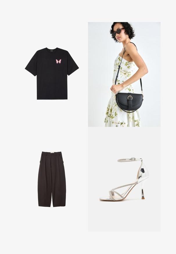 Sort bomulds T-shirt med korte ærmer, prydet med en lille pink sommerfugl grafik på venstre bryst. Rund hals design med en afslappet pasform.; Sorte brede bukser lavet af et glat stof, med høj talje, forfaldne folder og sidelommer. Simpelt design uden udsmykninger.; Sølv højhælede sandal med en snøredesign, glitrende materiale, rhinsten accenter og en slank ankelrem. Firkantet tå og poleret hæl.; Sort læderhåndtaske med en buet form, aftagelig rem og guldfinish. Tasken har en klap med en spænde detalje.