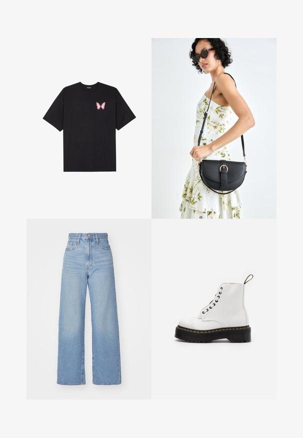 Melna kokvilnas T-krekls ar īsām piedurknēm, kuram priekšā kreisajā pusē ir neliels rozā tauriņa grafiskais attēls. Ar apaļu kaklu un brīvā stila piegriezumu.; Gaiši zili augstās jostas vidukļa platās bikses ar priekšējo pogu un rāvējslēdzēju, priekšējām un aizmugurējām kabatām uz baltā fona.; Baltas ādas potītes zābaks ar noapaļotu purngala daļu, melna masīva zole, dzelteni šuvuma akcenti un sešas acs caurumiņu šņorēšana. Velcro cilpa papēžā.; Melnas ādas rokassoma ar izliekta formu, noņemamu siksnu un zelta aksesuāriem. Somai ir vāciņš ar sprādzes detaļu.