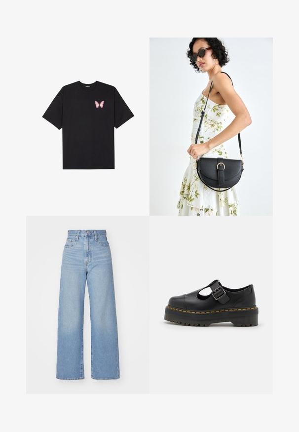 Black cotton t-shirt with short sleeves, featuring a small pink butterfly graphic on the left chest. Crew neck design with a relaxed fit.; Light blue high-waist wide-leg jeans with front button and zip closure, front and back pockets, on a white background.; Dr. Martens BETHAN - Slip-ons - black; Black leather handbag with a curved shape, detachable strap, and gold hardware. The bag features a flap with a buckle detail.