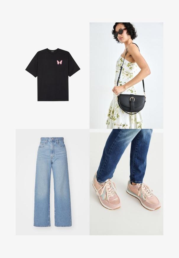 T-shirt en coton noir à manches courtes, avec un petit graphique de papillon rose sur la poitrine gauche. Modèle à col rond avec une coupe décontractée.; Jean large taille haute bleu clair avec bouton et fermeture éclair à l'avant, poches avant et arrière, sur fond blanc.; Baskets roses en matières suédé et cuir, avec des accents bleu clair, bout arrondi et semelles en caoutchouc blanches. Les lacets sont beige.; Sac à main en cuir noir avec une forme courbée, bandoulière amovible et des accessoires en or. Le sac est doté d'un rabat avec un détail de boucle.
