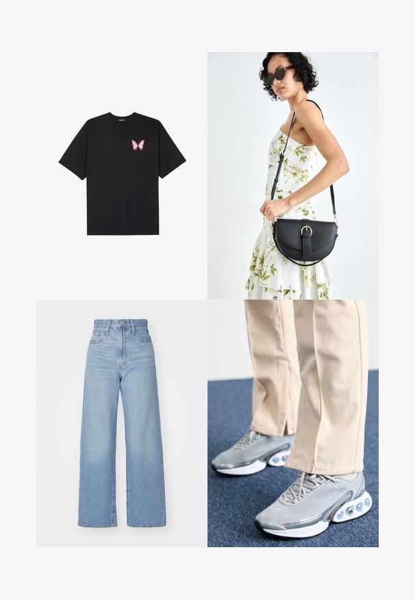 Czarny bawełniany t-shirt z krótkim rękawem, z małym różowym motylkiem na lewej piersi. Klasyczny dekolt z luźnym fasonem.; Jasnoniebieskie jeansy z wysokim stanem i szerokimi nogawkami, z zapięciem na guziki i zamek z przodu, przednie i tylne kieszenie, na białym tle.; Szare buty sportowe z siateczkową cholewką, okrągłym noskiem i amortyzowaną podeszwą; posiadają małe poduszki powietrzne w podeszwie dla dodatkowego wsparcia.; Czarna skórzana torebka o zakrzywionym kształcie, z odpinanym paskiem i złotymi akcentami. Torebka posiada klapę z zapięciem w kształcie klamry.