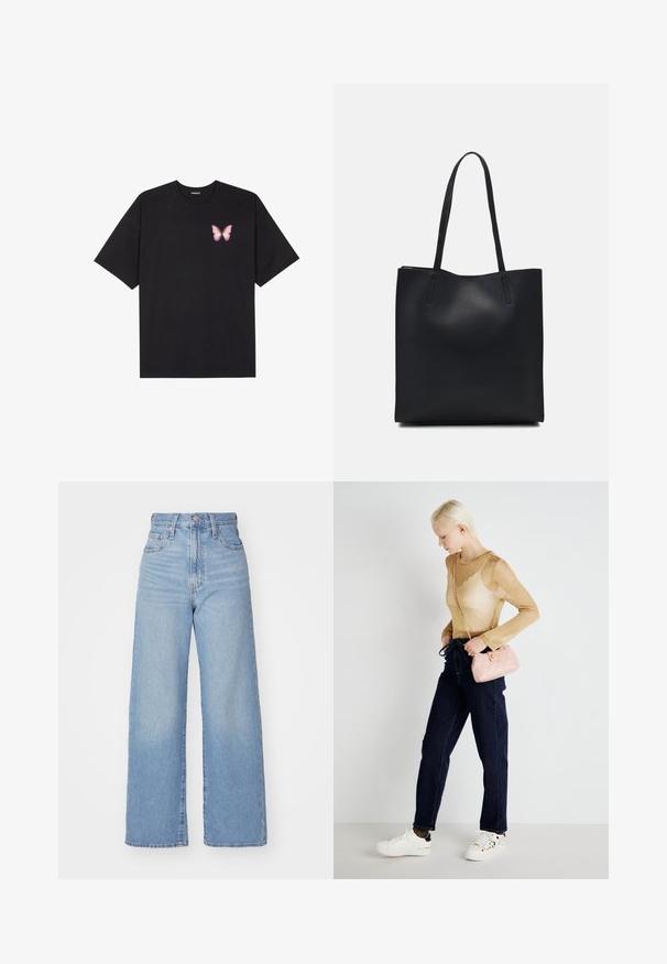 Schwarzes Baumwoll-T-Shirt mit kurzen Ärmeln, das ein kleines pinkes Schmetterlingsmotiv auf der linken Brust zeigt. Crewneck-Design mit einem entspannten Schnitt.; Hellblaue High-Waist-Weite-Leg-Jeans mit Knopf- und Reißverschluss vorne, Vorder- und Rückentaschen, auf weißem Hintergrund.; Durchsichtige, goldene Bluse mit langen Ärmeln, kombiniert mit dunkelblauen Jeans im geraden Schnitt. Dazu wird eine kleine, rosa, gesteppte Handtasche mit einer Kettenriemen und weiße Sneakers getragen.; Schwarze Laptoptasche aus Leder mit glatter Textur, rechteckiger Form und zwei langen Griffen. Keine sichtbaren Beschläge oder Verzierungen.