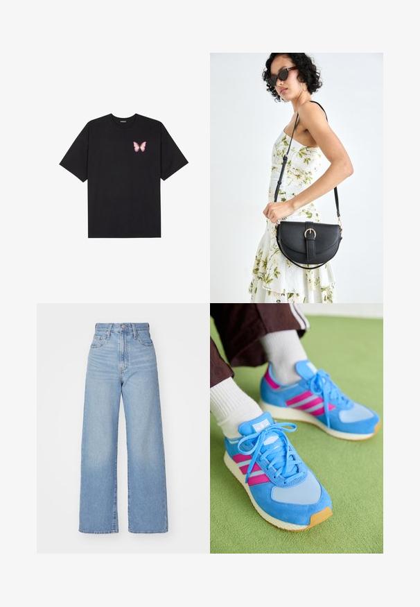 Black cotton t-shirt with short sleeves, featuring a small pink butterfly graphic on the left chest. Crew neck design with a relaxed fit.; Light blue high-waist wide-leg jeans with front button and zip closure, front and back pockets, on a white background.; Blue athletic shoes made of suede and mesh, featuring pink stripes, round toe, and textured rubber sole. Laces are light blue.; Black leather handbag with a curved shape, detachable strap, and gold hardware. The bag features a flap with a buckle detail.