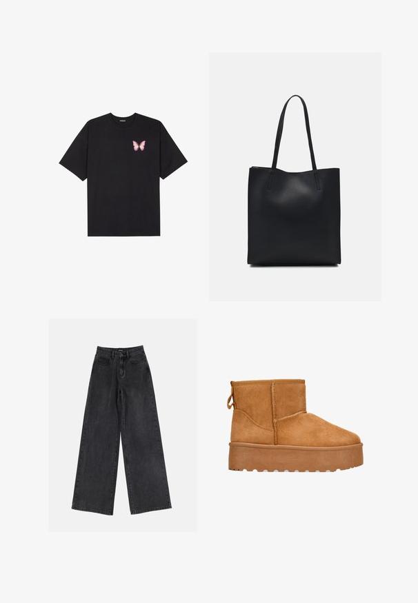 T-shirt nera in cotone con maniche corte, caratterizzata da una piccola grafica di una farfalla rosa sul lato sinistro del petto. Design a girocollo con una vestibilità rilassata.; Jeans in denim neri a gamba larga con vita alta, design classico a cinque tasche e una leggera scoloritura. Tessuto resistente con una texture liscia.; Stivale alla caviglia in suede tan con una robusta suola a piattaforma, punta tondeggiante e linguetta sul retro. Cuciture visibili sui lati.; Borsa tote in pelle nera con texture liscia, forma rettangolare e due manici lunghi. Nessun hardware o decorazione visibile.