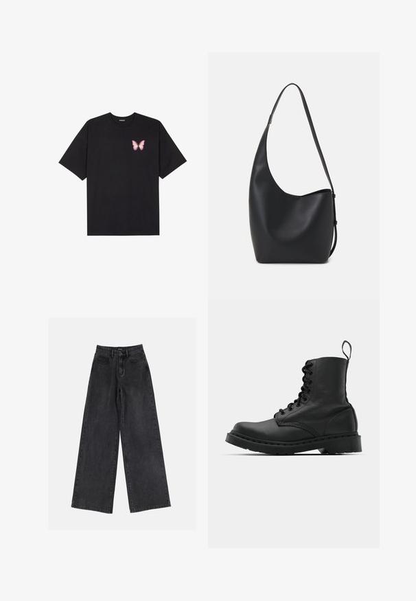 Svart bomulls T-skjorte med korte ermer, med en liten rosa sommerfugl grafikk på venstre bryst. Crew-neck design med en avslappet passform.; Svart bred ben jeans i denim med høy midje, klassisk fem-lommers design og subtil fading. Holdbart stoff med en jevn tekstur.; Svart lær militærstøvel med rund tå, snøring foran og en løftestropp ved ankelen. Har en tykk gummisåle for holdbarhet.; Svart lær hobo-veske med glatt tekstur, buet form og enkelt justerbart stropp; har en bred åpning på toppen.