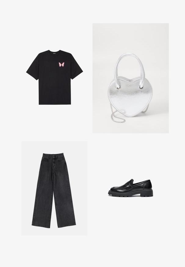 Tricou negru din bumbac cu mâneci scurte, având pe partea stângă a pieptului un mic grafic cu un fluture roz. Design cu guler rotund și croială lejeră.; Jeans negri cu picioare largi, având talie înaltă, design clasic cu cinci buzunare și decolorare subtilă. Material durabil cu o textură netedă.; Bocanci negri din piele cu vârful rotunjit, detalii cusute și o talpă chunky din cauciuc cu un model texturat pentru aderență.; Geantă de mână în formă de inimă, metalică, argintie, cu două mânere, bretele din lanț și o textură netedă. Dispune de accesorii metalice și margini cusute.