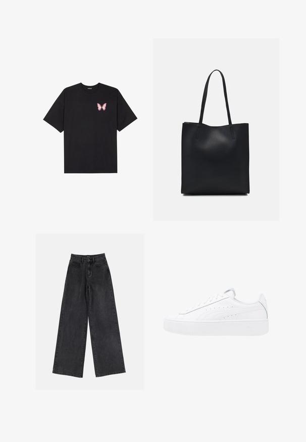 Black cotton t-shirt with short sleeves, featuring a small pink butterfly graphic on the left chest. Crew neck design with a relaxed fit.; Black wide-leg denim jeans featuring a high waist, classic five-pocket design, and subtle fading. Durable fabric with a smooth texture.; White platform sneakers with leather upper, round toe, and lace closure. Features side perforations and subtle branding on the heel.; Black leather tote bag with smooth texture, rectangular shape, and two long handles. No visible hardware or embellishments.