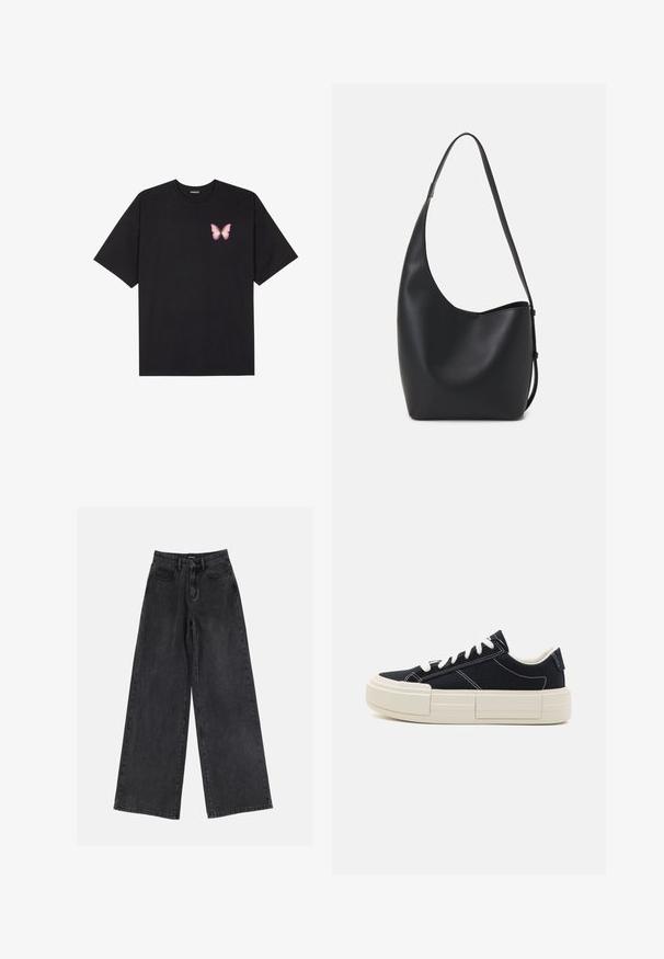 Tricou negru din bumbac cu mâneci scurte, având pe partea stângă a pieptului un mic grafic cu un fluture roz. Design cu guler rotund și croială lejeră.; Jeans negri cu picioare largi, având talie înaltă, design clasic cu cinci buzunare și decolorare subtilă. Material durabil cu o textură netedă.; Tenisi negri din pânză cu șireturi și cusături albe. Prezintă o talpă albă chunky, texturată, cu un design unic segmentat.; Geantă hobo din piele neagră, cu o textură netedă, formă curbată și un singur bretele ajustabil; are o deschidere largă în partea de sus.