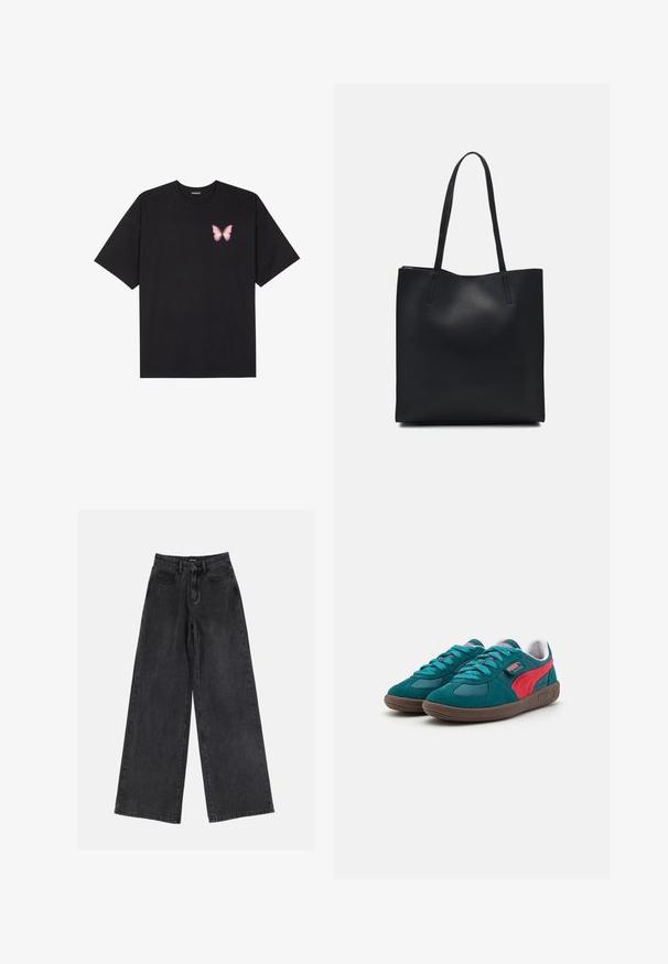 Black cotton t-shirt with short sleeves, featuring a small pink butterfly graphic on the left chest. Crew neck design with a relaxed fit.; Black wide-leg denim jeans featuring a high waist, classic five-pocket design, and subtle fading. Durable fabric with a smooth texture.; Puma sneakers with a teal suede upper, red accents, and brown rubber sole. Features round laces and a padded tongue.; Black leather tote bag with smooth texture, rectangular shape, and two long handles. No visible hardware or embellishments.